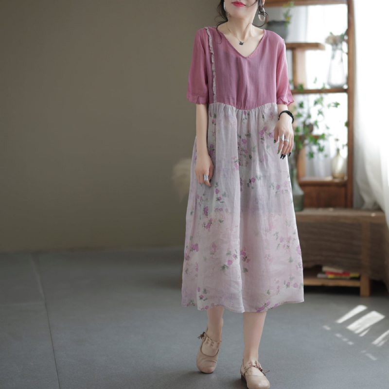 Robe Trapèze En Lin À Imprimé Floral Et Patchwork D'été