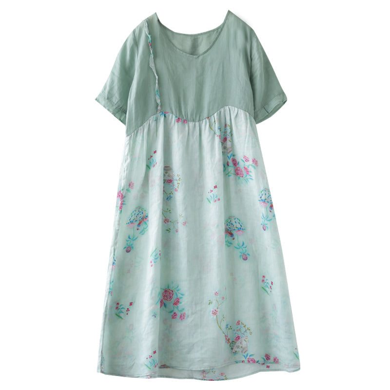 Robe Trapèze En Lin À Imprimé Floral Et Patchwork D'été