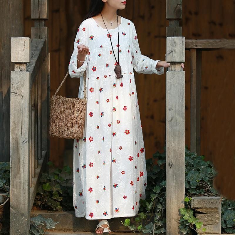 Robe Trapèze À Manches Longues En Coton Froncé Pour Femmes