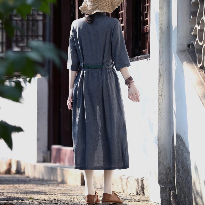 Robe Unie En Coton Et Lin Vintage Printemps-été