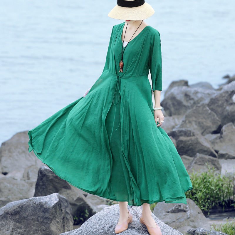 Robe Unie Vintage À Manches Longues D'été