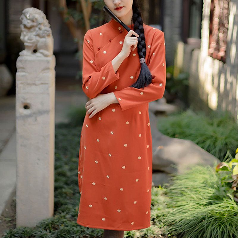 Robe En Velours Côtelé Orange Brodée De Fleurs Rétro