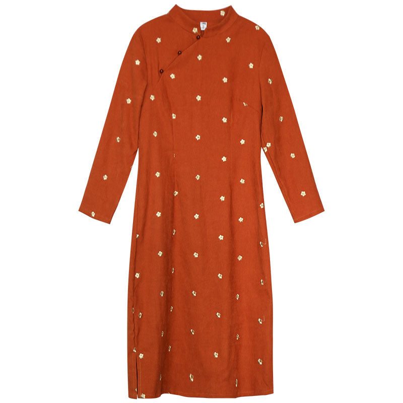 Robe En Velours Côtelé Orange Brodée De Fleurs Rétro