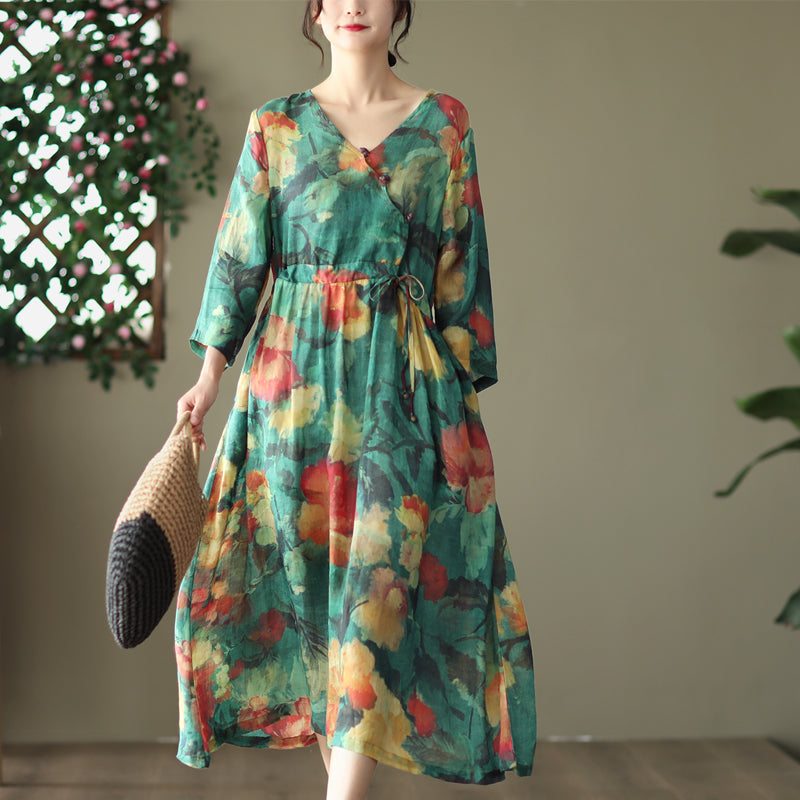 Robe Vintage En Lin À Fleurs Avec Laçage À La Taille