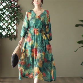 Robe Vintage En Lin À Fleurs Avec Laçage À La Taille