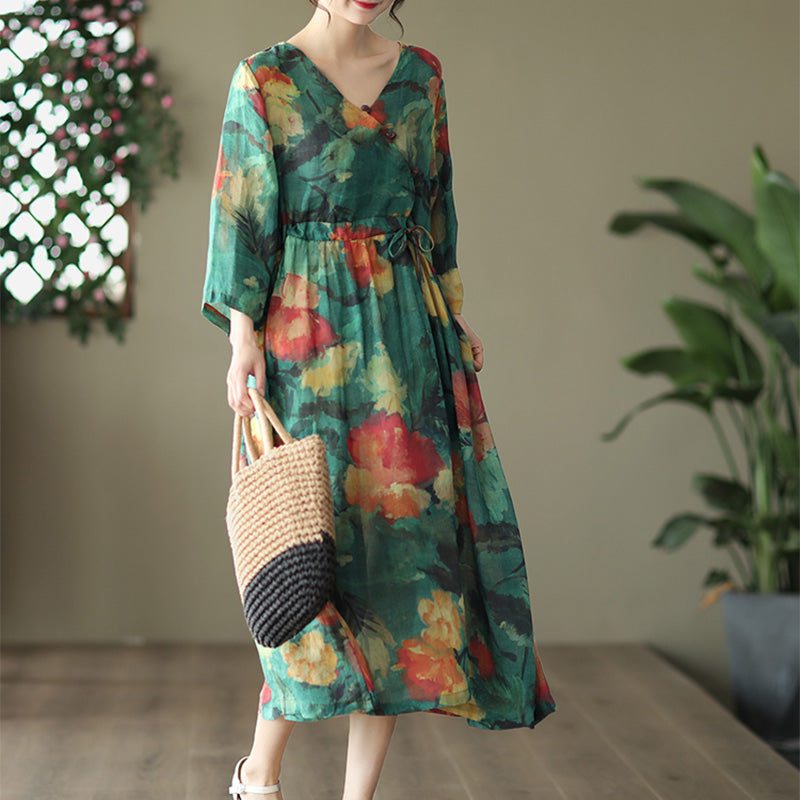 Robe Vintage En Lin À Fleurs Avec Laçage À La Taille