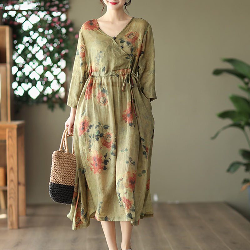 Robe Vintage En Lin À Fleurs Avec Laçage À La Taille