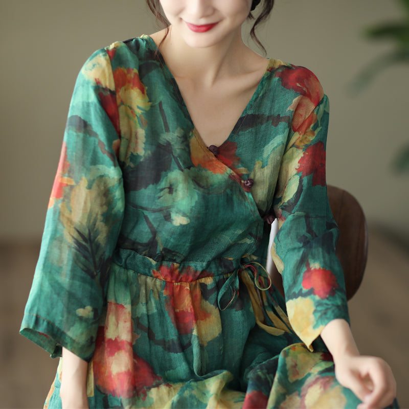 Robe Vintage En Lin À Fleurs Avec Laçage À La Taille