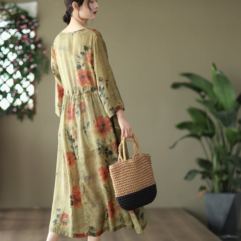 Robe Vintage En Lin À Fleurs Avec Laçage À La Taille