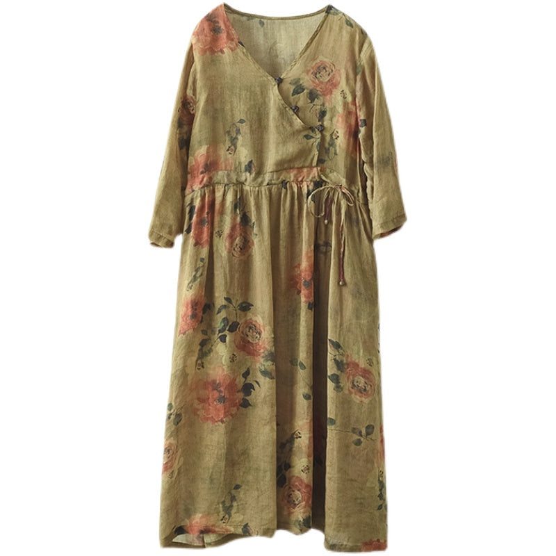 Robe Vintage En Lin À Fleurs Avec Laçage À La Taille