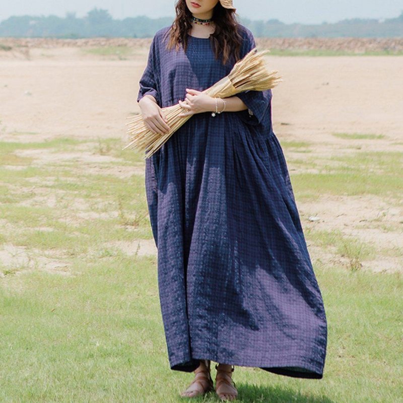 Robes Amples Maxi Robe En Coton Et Lin À Carreaux Femme