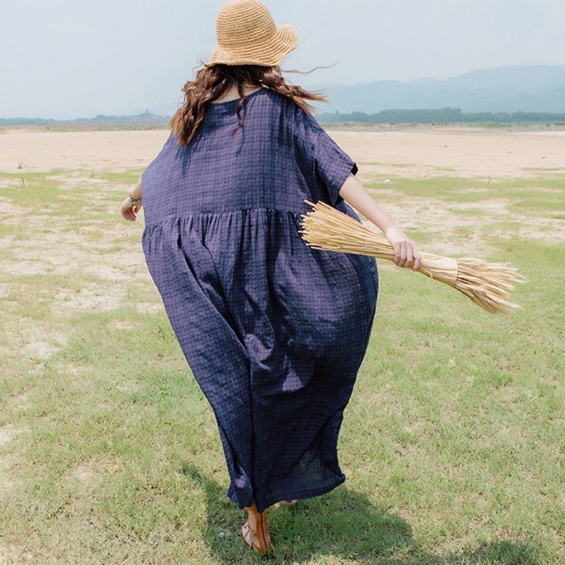 Robes Amples Maxi Robe En Coton Et Lin À Carreaux Femme