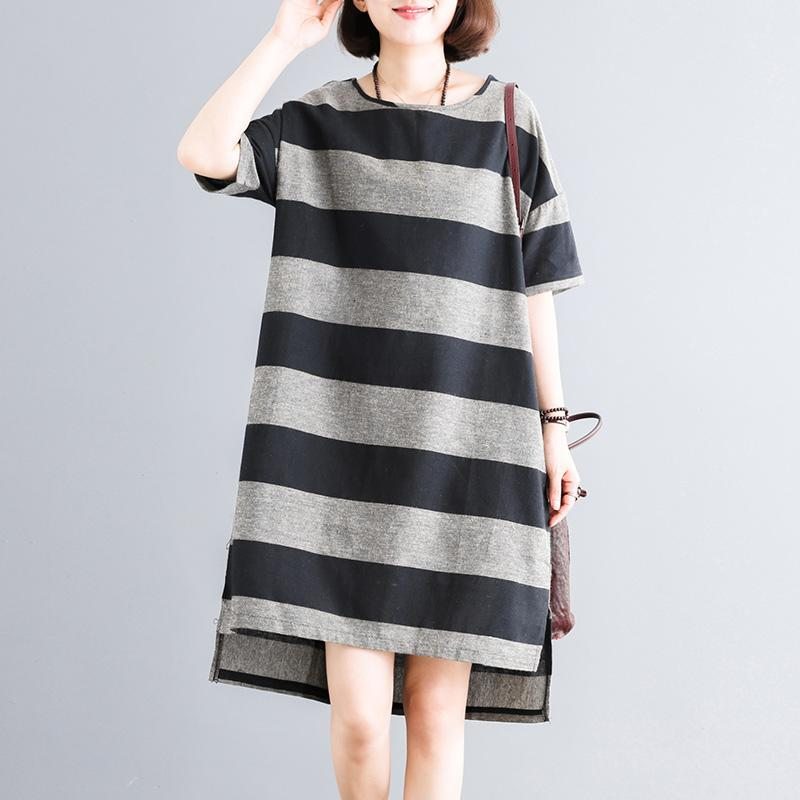 Stripes Casual Loose Shift High Low Dress