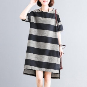 Stripes Casual Loose Shift High Low Dress