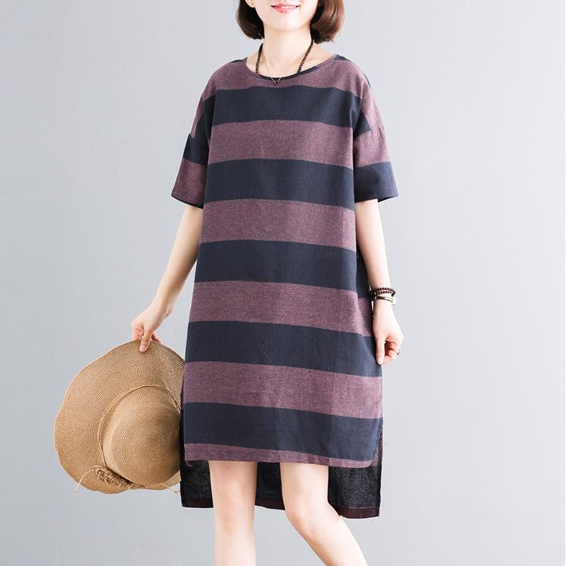 Stripes Casual Loose Shift High Low Dress