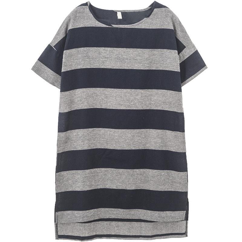 Stripes Casual Loose Shift High Low Dress