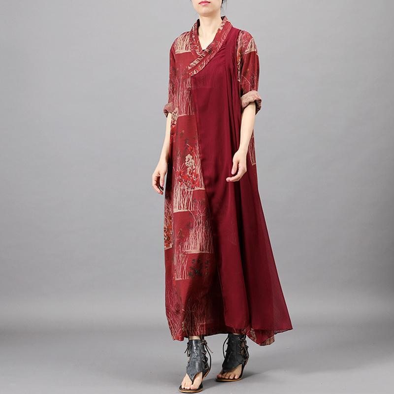 Surplis Casual Col En V Imprimé Lâche Confortable Maxi Robe À Manches Longues