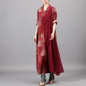 Surplis Casual Col En V Imprimé Lâche Confortable Maxi Robe À Manches Longues