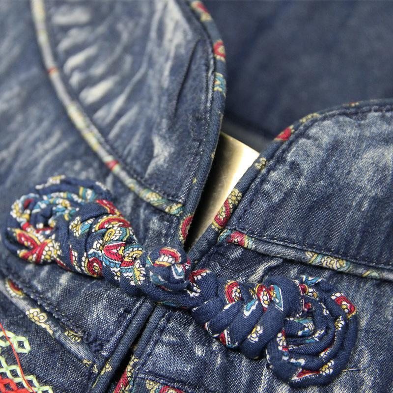 Taille Ceinture Broderie Vintage Femmes Denim Robe À Manches Longues