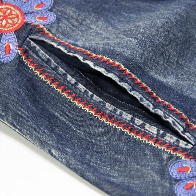 Taille Ceinture Broderie Vintage Femmes Denim Robe À Manches Longues