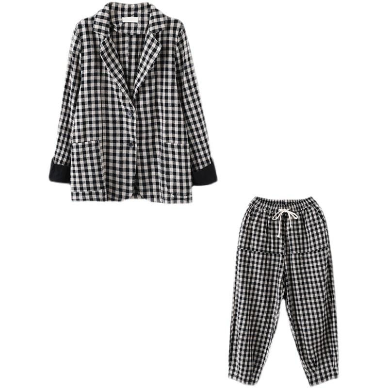 Automne Plaid Costume Revers Manteau Sarouel Deux Pièces Ensemble