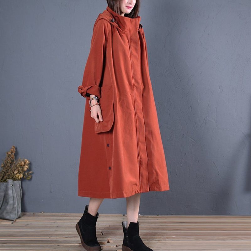 Automne Printemps Lâche Épais Coupe-vent À Capuche Pour Femmes Marron Rouge