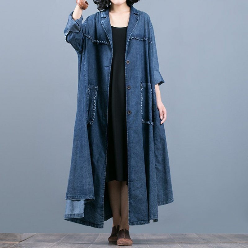 Femmes Casual Rough Selvage Big Pockets Solid Long Hooded Loose Coat