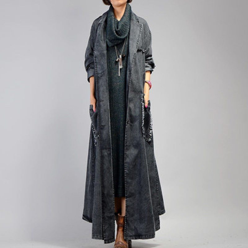 Femmes Casual Rough Selvage Big Pockets Solid Long Hooded Loose Coat