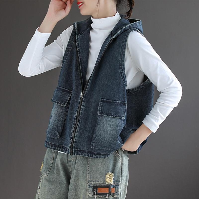 Gilet En Denim Ample À Capuche Et Fermeture Éclair D'été