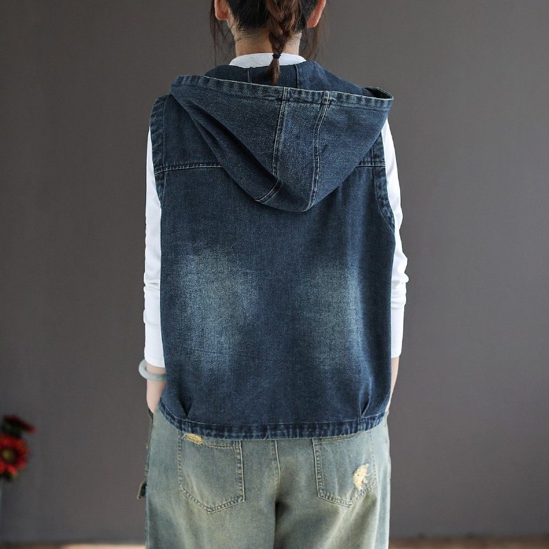 Gilet En Denim Ample À Capuche Et Fermeture Éclair D'été