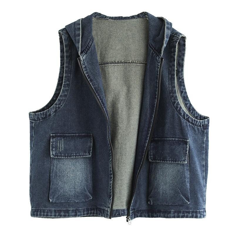 Gilet En Denim Ample À Capuche Et Fermeture Éclair D'été