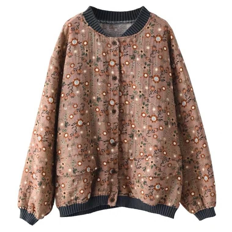 Manteau Ample En Coton Et Lin À Fleurs Rétro Printemps-automne