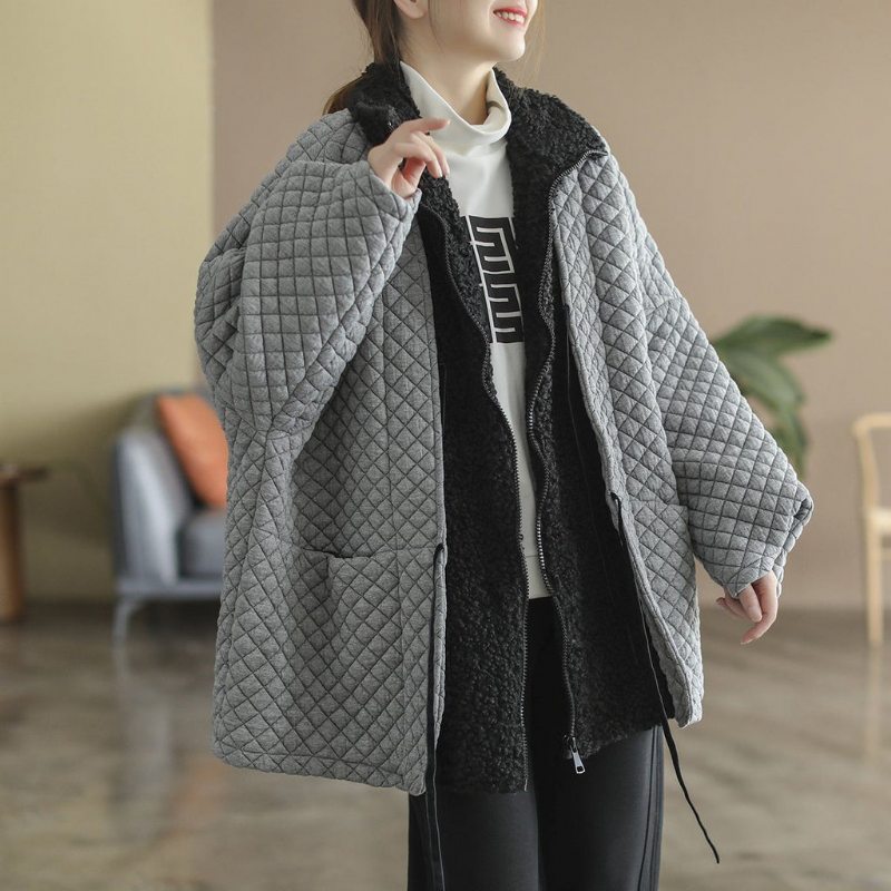 Manteau Chaud Patchwork Rétro En Peluche À Carreaux D'hiver Grande Taille