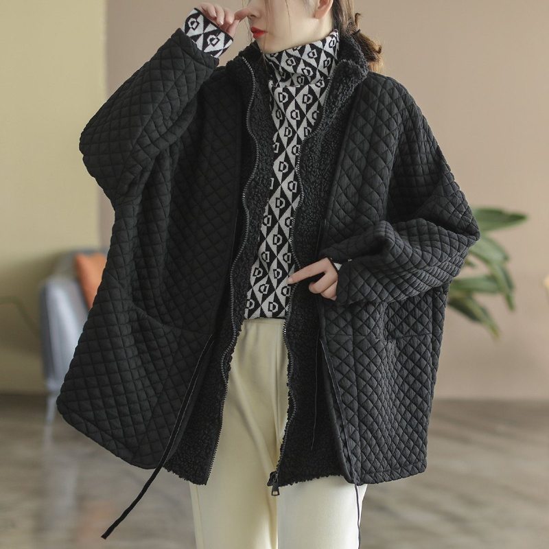 Manteau Chaud Patchwork Rétro En Peluche À Carreaux D'hiver Grande Taille