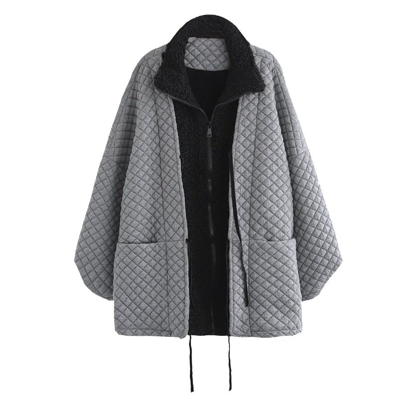 Manteau Chaud Patchwork Rétro En Peluche À Carreaux D'hiver Grande Taille