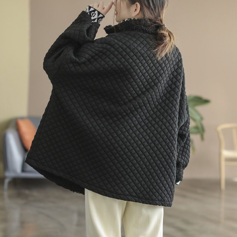 Manteau Chaud Patchwork Rétro En Peluche À Carreaux D'hiver Grande Taille