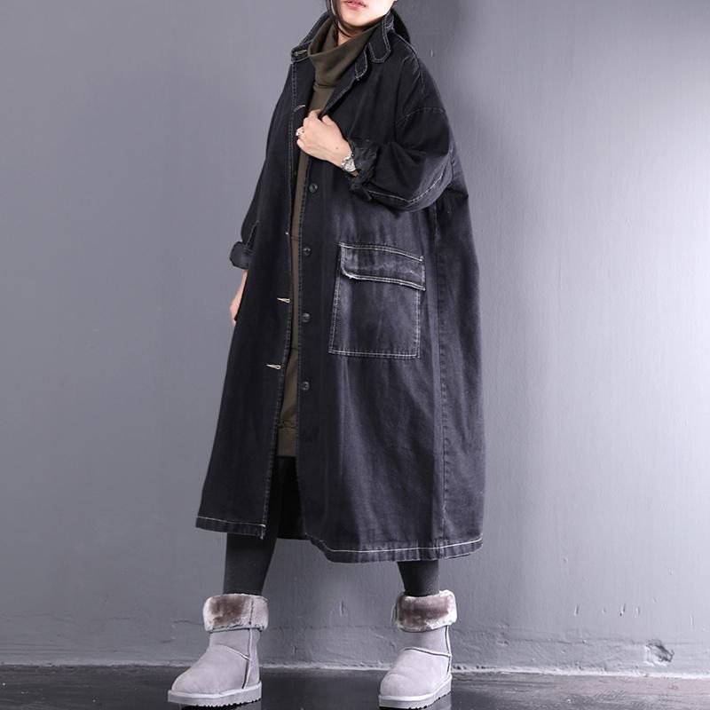 Manteau En Coton Denim Rétro Ample Grande Taille Noir