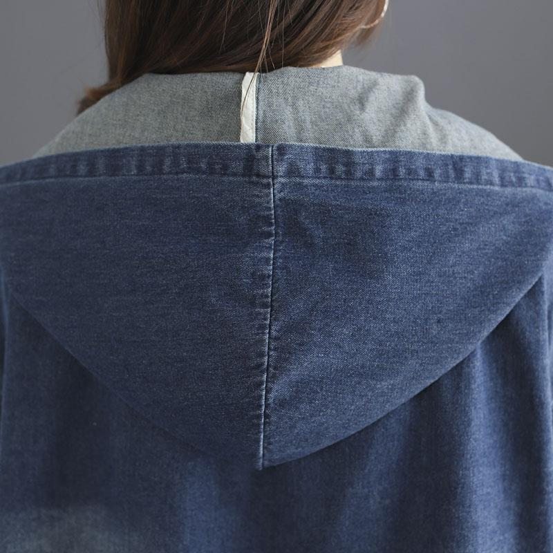 Manteau Court En Denim De Coton À Capuche Ample D'automne