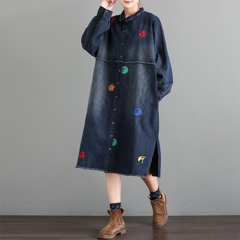 Manteau En Denim À Boutonnage Simple Brodé Pour Femme