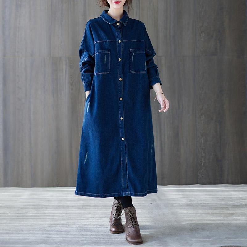 Manteau En Denim À Boutonnage Simple Et Décontracté Au-dessus Du Genou