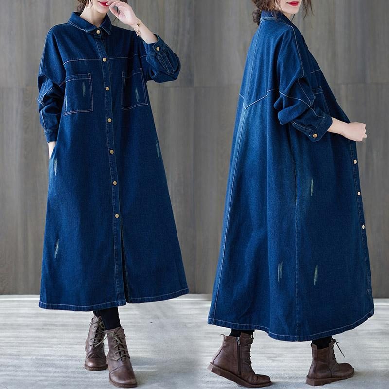 Manteau En Denim À Boutonnage Simple Et Décontracté Au-dessus Du Genou