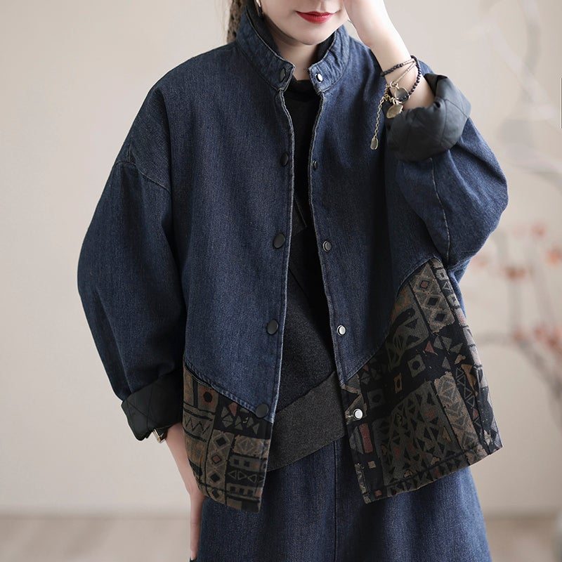 Manteau En Denim Matelassé À Épissage Épais Rétro D'hiver