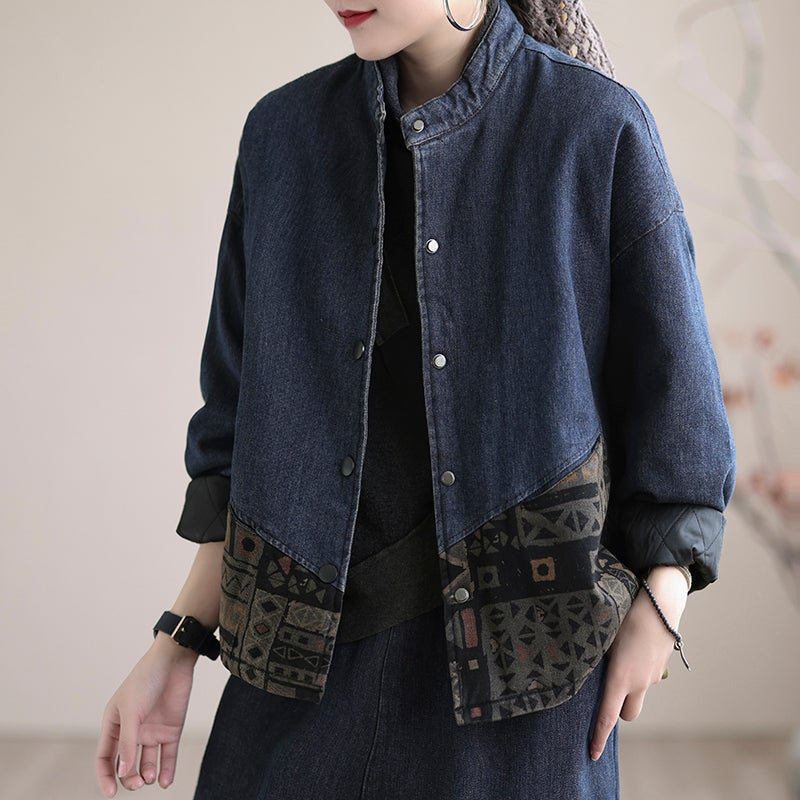 Manteau En Denim Matelassé À Épissage Épais Rétro D'hiver