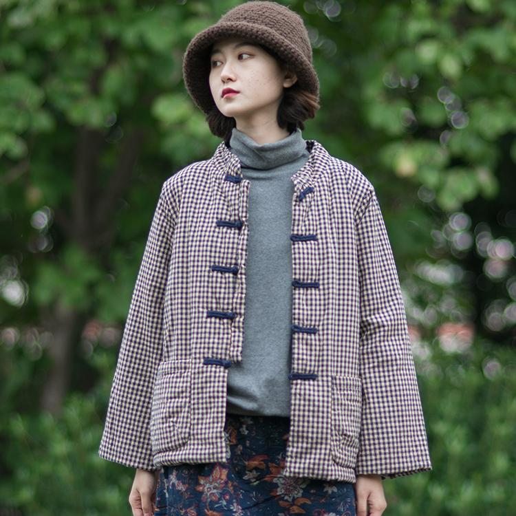 Manteau D'hiver À Carreaux Rétro En Coton Et Lin Avec Boucle Plate