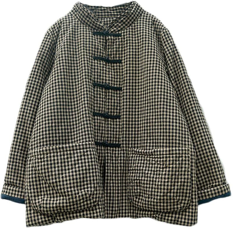 Manteau D'hiver À Carreaux Rétro En Coton Et Lin Avec Boucle Plate