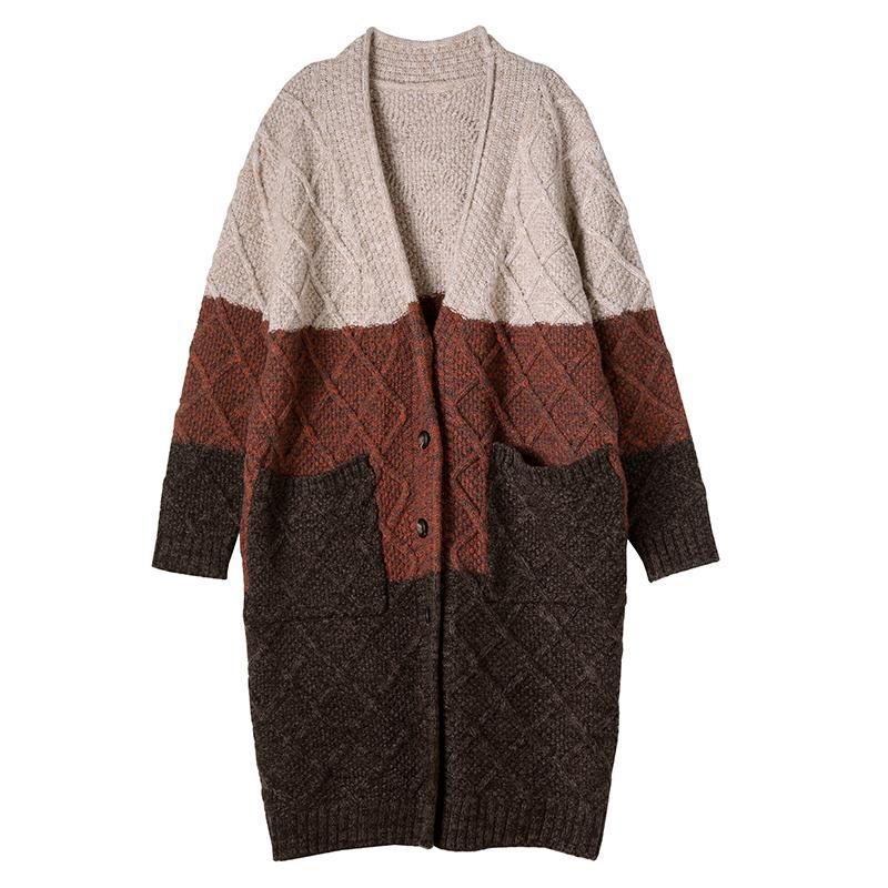 Manteau Long Cardigan Color Blok Tricoté