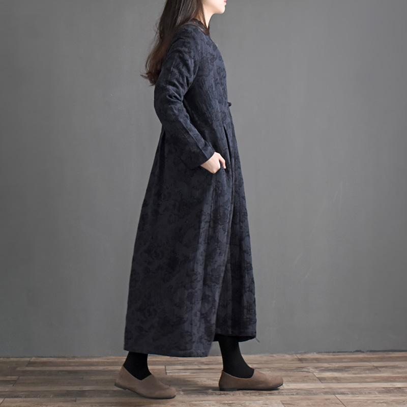 Manteau Long En Coton Et Lin Avec Boutons À Disque Rétro