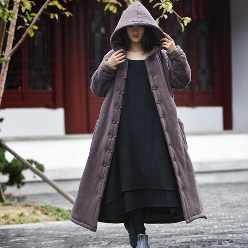 Manteau Long Matelassé À Capuche Rétro Solide