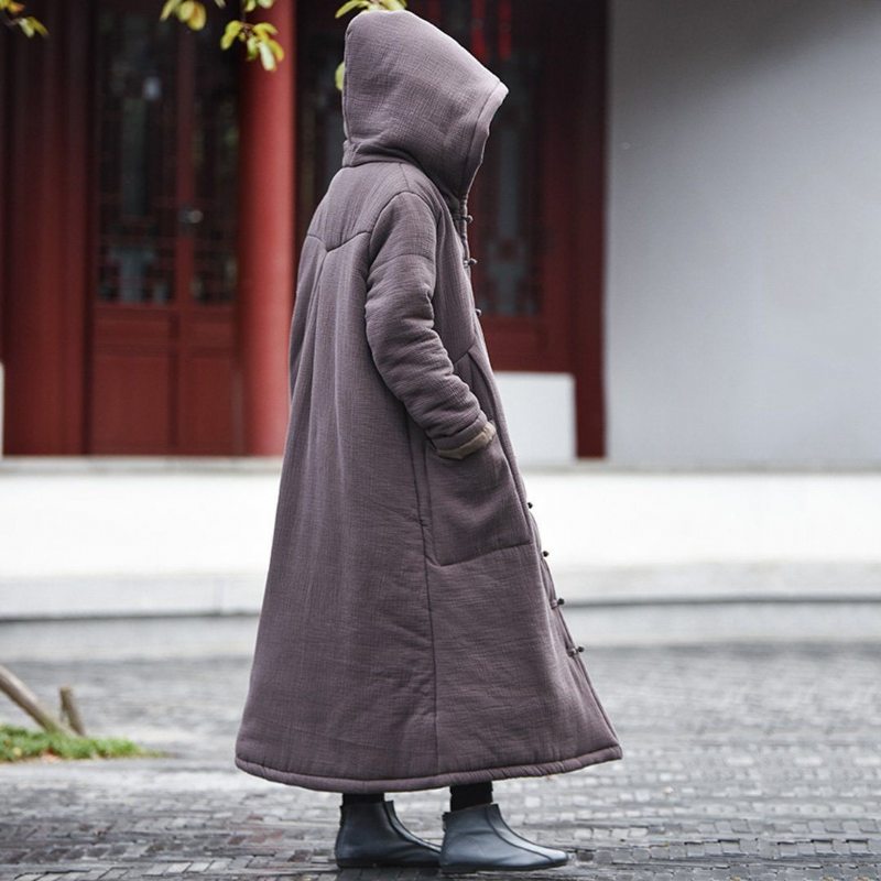 Manteau Long Matelassé À Capuche Rétro Solide