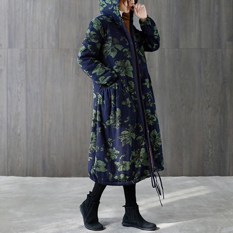 Manteau Long Matelassé Fleuri Rétro Grande Taille